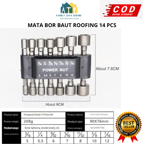 14pcs Kunci Sok Drilling / Hex Nut / Mata Roofing Hex Socket Set Kunci Mobil Motor
