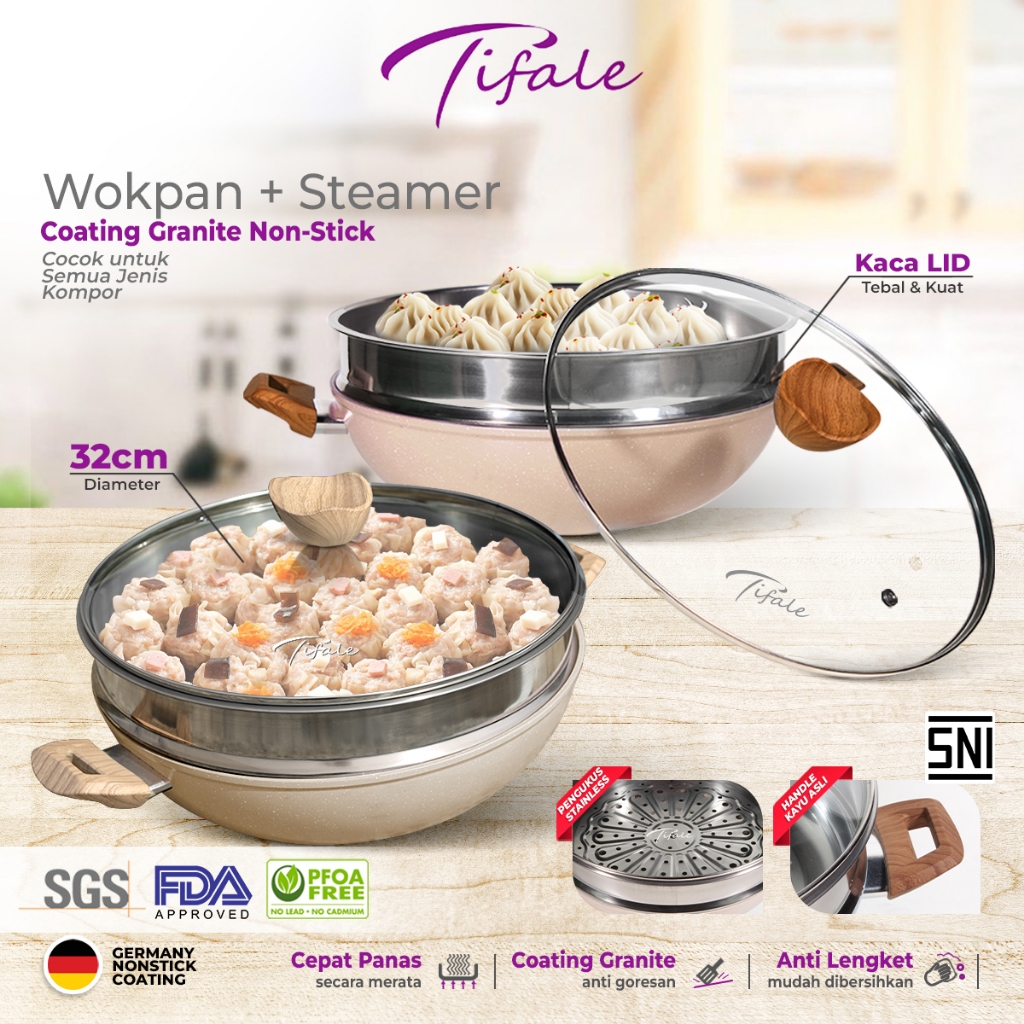 Tifale By Hongzhuo [2IN1] Wokpan 32CM + Glass Lid + Granite Steamer Non Stick / Alat Masak Wok denga