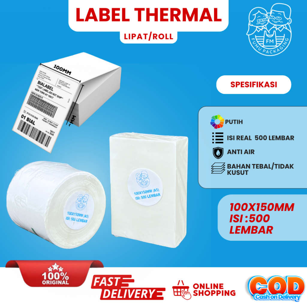 

Label Kertas Barcode / Kertas Label Thermal / Sticker Label Continuous Ukuran 100x150 mm isi 500 Lembar