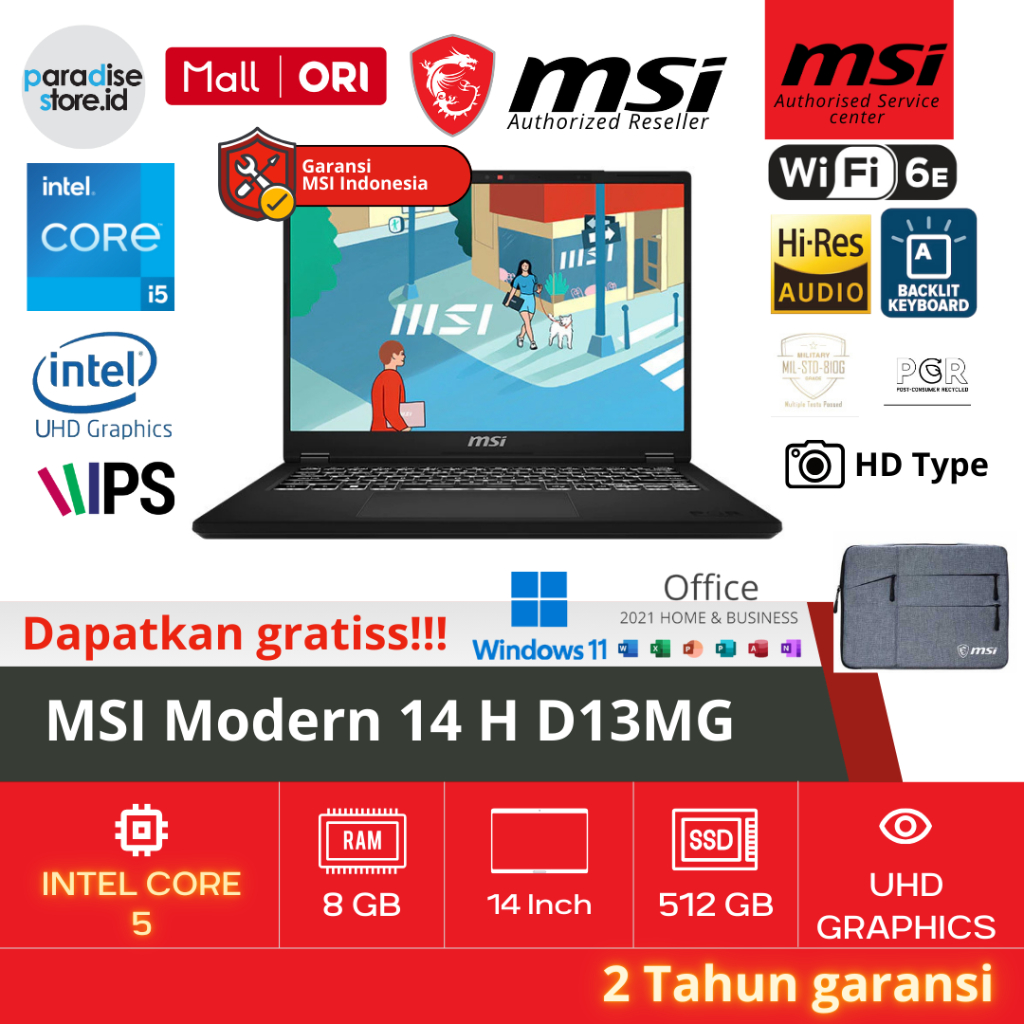 MSI Modern 14 H D13MG i5-13420H UHD Graphics 14" 16:10 FHD+ - Black