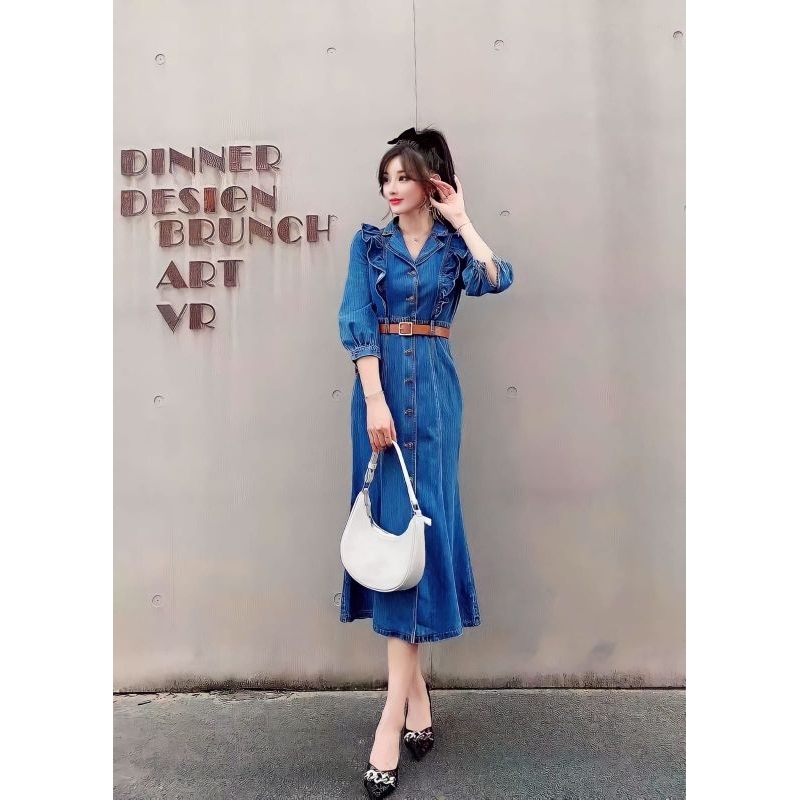 dress sleeve ruffle collar midi premium europe paris dress gaun pesta wedding party event prewed san