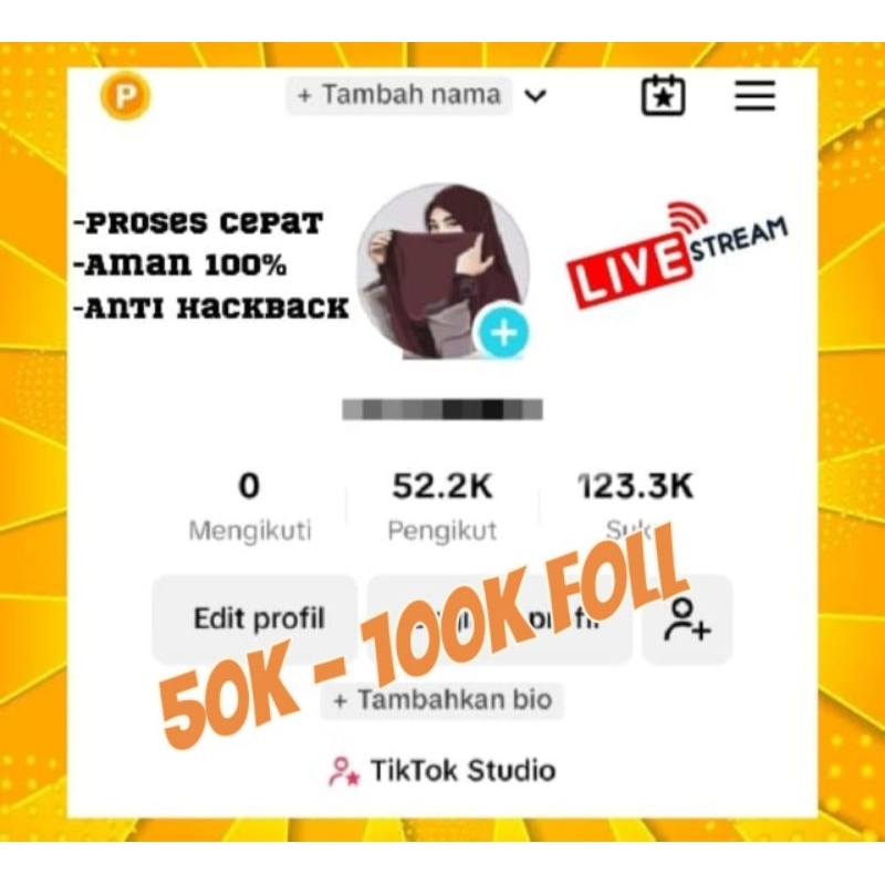 jual akun tiktok akun tt tiktokk murah,50k - 100k follower, follower 100% aktif