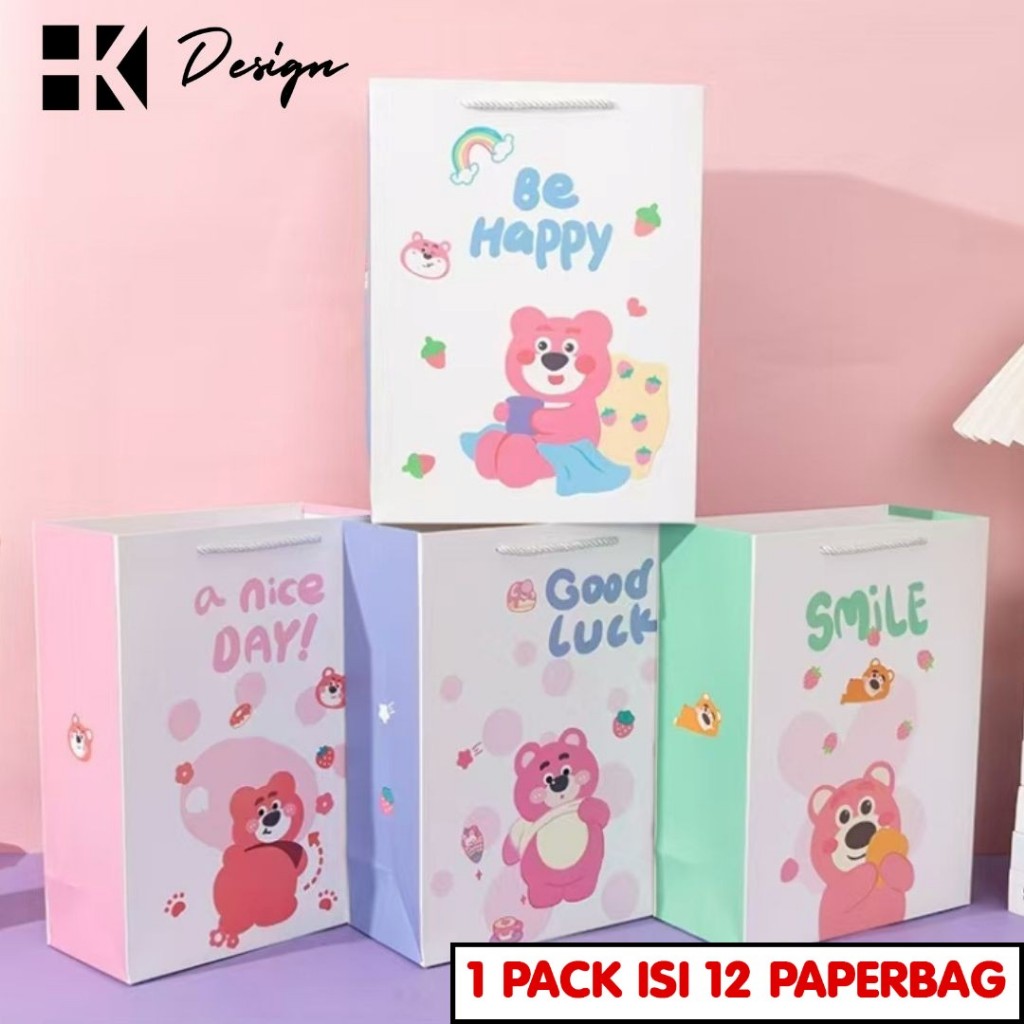 

[602 12 PCS] PAPERBAG MOTIF UKURAN 33X25X11.5 TAS KADO ULANG TAHUN GOODIE BAG MOTIF Design Tas Kertas Anak Be Happy Good Luck Smile