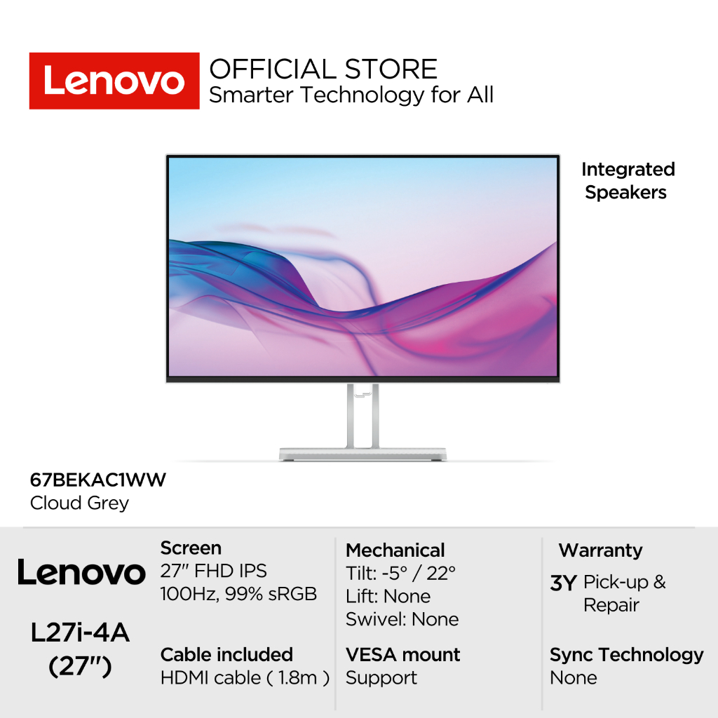 Lenovo Monitor L27i-4A 67BEKAC1WW Cloud Grey 27" FHD IPS 300nits max 100Hz 99% sRGB Antiglare 4-side