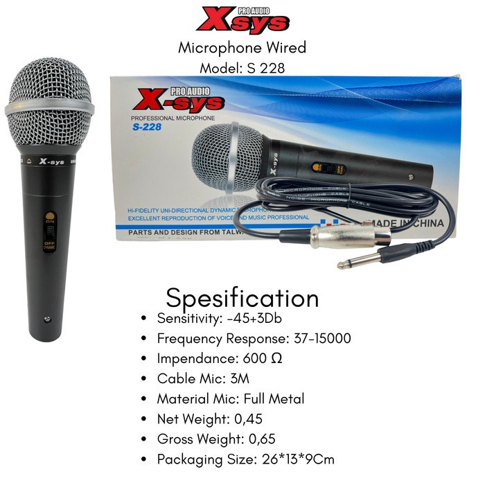 X-Sys Microphone Mic kabel S228 Berkualitas Low Noise -Profesional Microphone