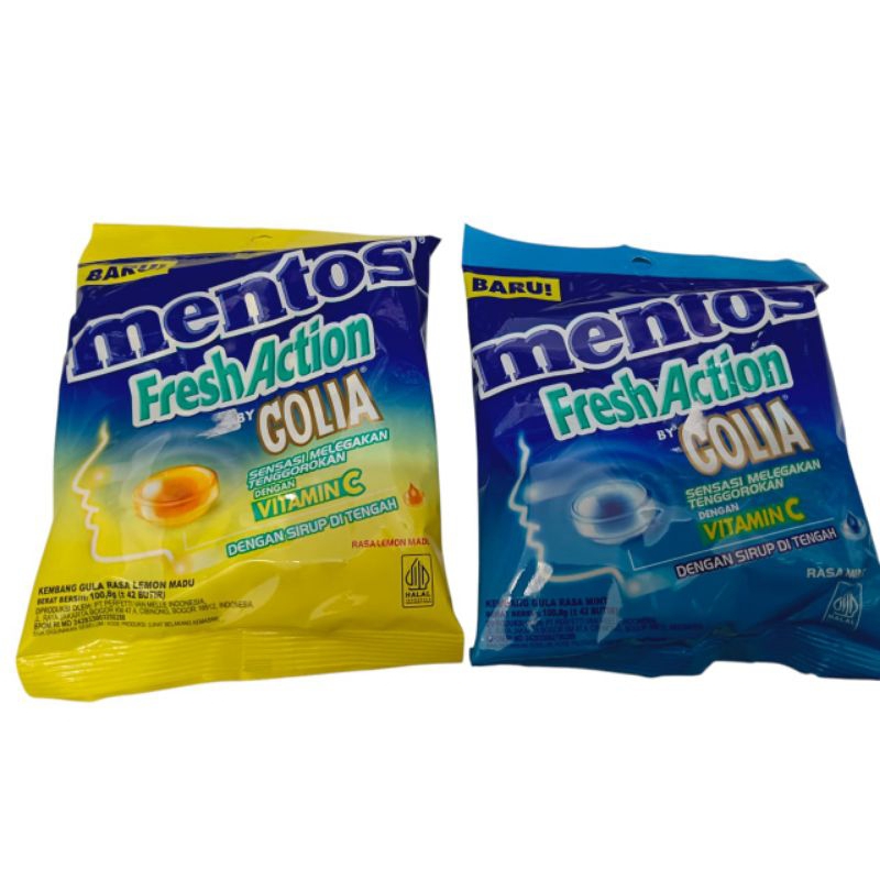 

Permen mentos fresh action by colia sensasi melegakan tenggorokan dengan vitamin C dengan sirup di tengah100gr +- 42 butir Varian Lemon madu Mint