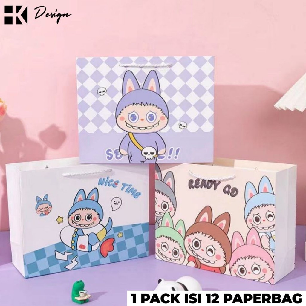 

[ 18022 12 PCS ] Paperbag kertas tutup pita motif LABUBU Ukuran 25.4*20*9.5 Tas Kado motif Paperbag Motif Goodie Bag