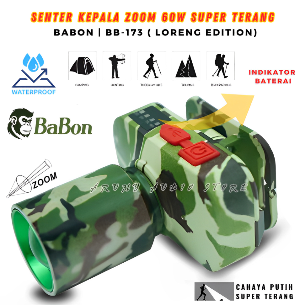 Senter Kepala Zoom 60w Babon Bb-173 Army Series Super Terang Murah | Senter zoom babon tahan air dan