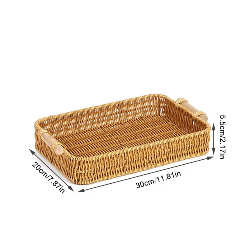 ID KERANJANG BUAH DAN ROTI BAHAN ROTAN DESAIN AESTHETIC DENGAN GAGANG KAYU FRUIT TRAY BASKET 30X20CM