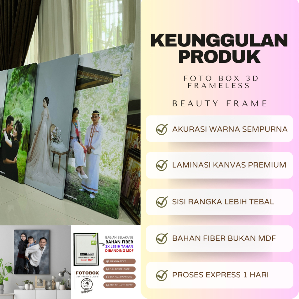 Foto Box Frameless Tekstur Kanvas Laminasi Tahan Air Anti Luntur | Frame Dinding Estetik Bahan Fiber