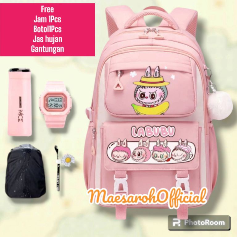 KODE F86C Tas Ransel Anak Perempuan LABUBU Bags Tas Sekolah Anak SD Free Botol Minum Nano Spray Jam