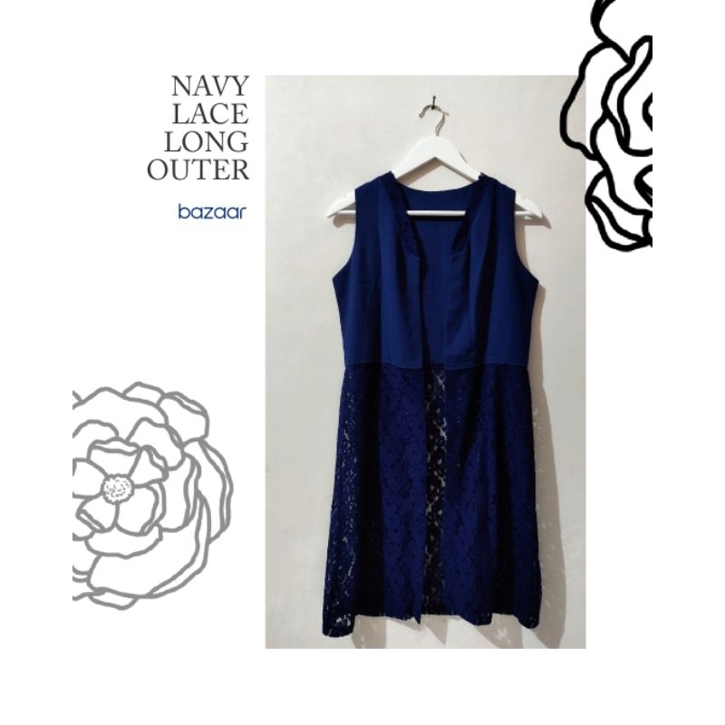 Preloved : Navy Lace Long Outer // Outerwear // Outer Panjang Brukat Kondangan Brokat Lace Navy Biru