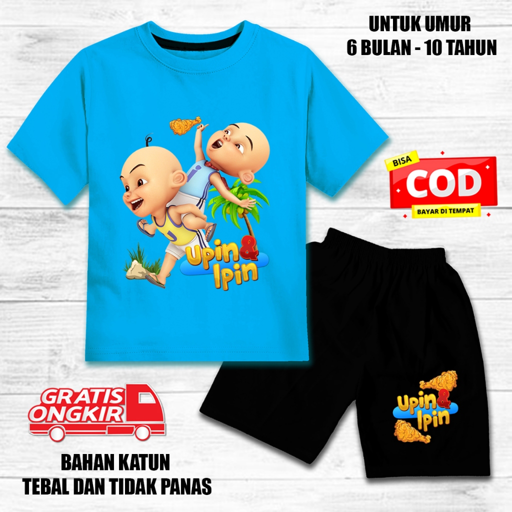 Setelan anak laki laki perempuan lengan pendek set baju kaos anak celana hitam upin ipin ayam goreng