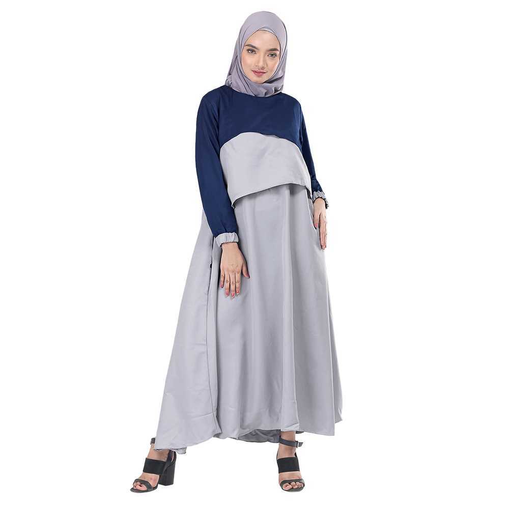 Gamis Pakaian Atasan Wanita Muslimah Polos Balotelly Kombinasi Abu Navy M L XL