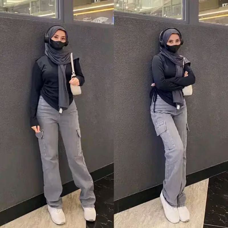 Celana Cargo Jeans Wanita Premium // Kulot Cargo Jeans // Celana Highwaist Cargo Jeans Wanita