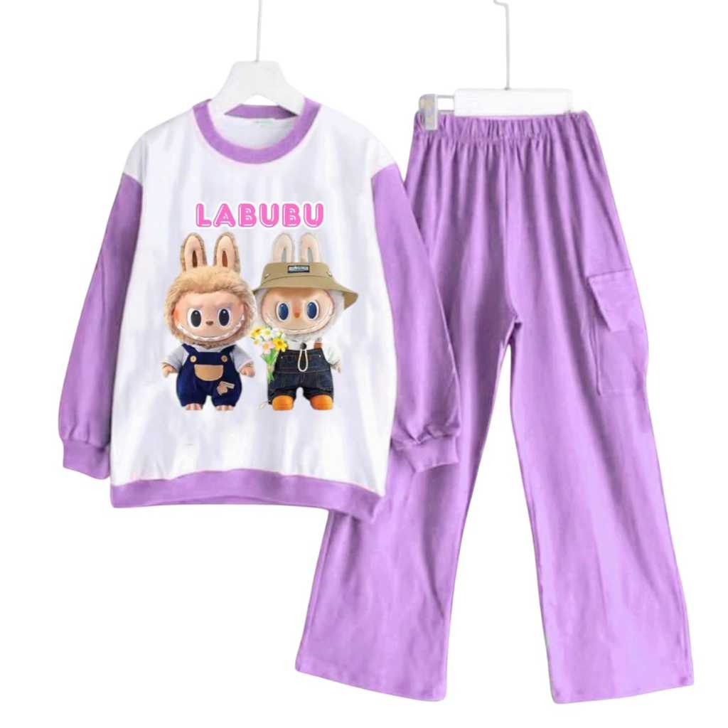 setelan baju - celana cargo anak perempuan labubu kembar fashion anak kekiniaan murah