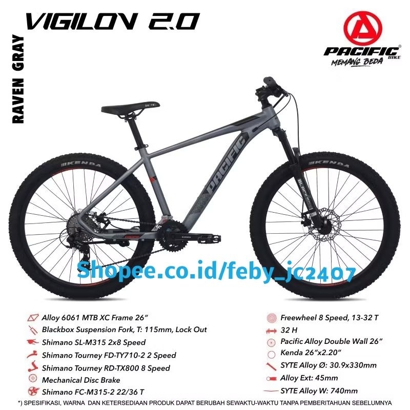 sepeda gunung MTB pacific vigilon 2.0 frame alloy aluminum 8 speed