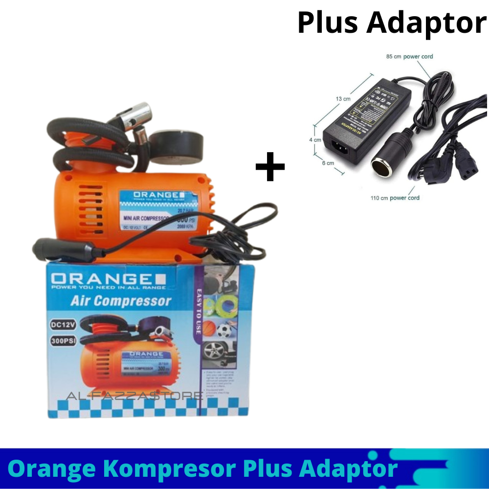 Orange Kompresor Angin Mini Dc 12V Mini Air Compressor Paket Compressor + Adaptor Kompresor Mini Lis