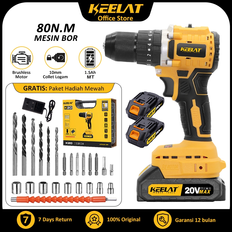 KEELAT Mesin Bor 20V 13mm Mesin Bor KCD005/KCD009/KCD007/KCD008/KCD011/KCD012/KCD014s Brushless 3in1