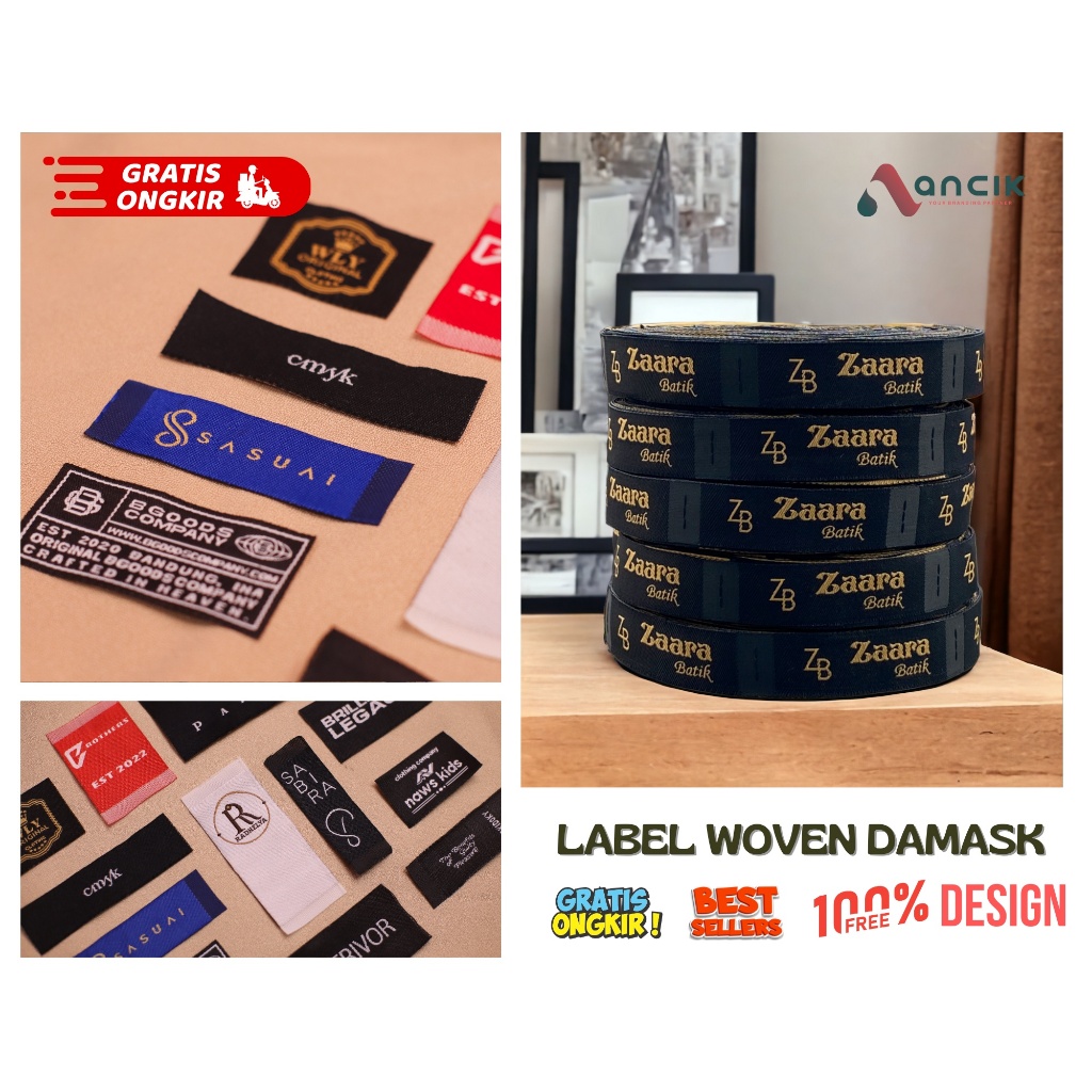 

Custom LABEL WOVEN label bordir, label baju Blouse, tunik, kemeja, dress, gamis, hijab jeans Celana