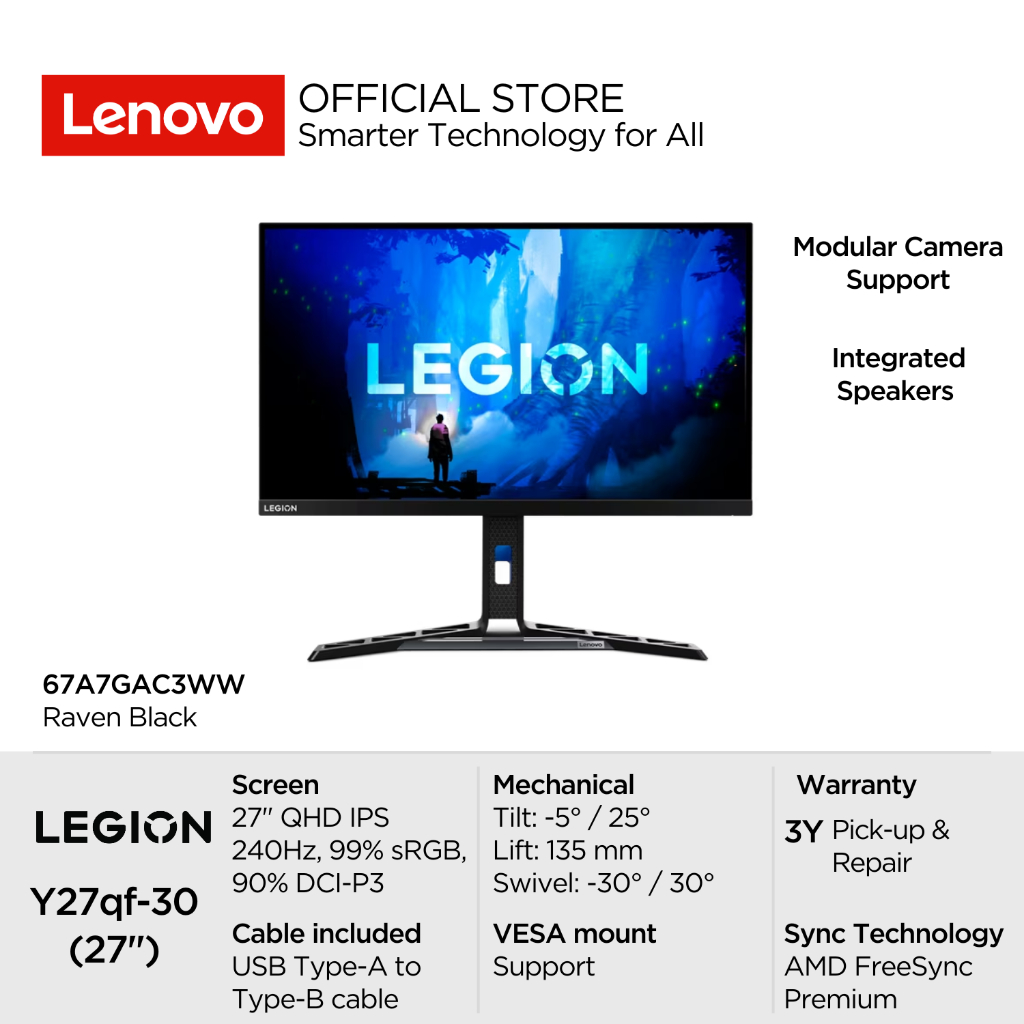 Lenovo Gaming Monitor Legion Y27qf-30 27" QHD (2560x1440) IPS AMD FreeSync Premium 240Hz 90% DCI-P3 