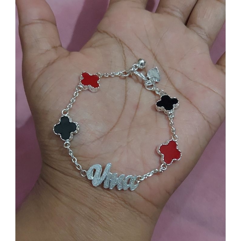 gelang perak nama clover hitam merah anak dewasa handmade