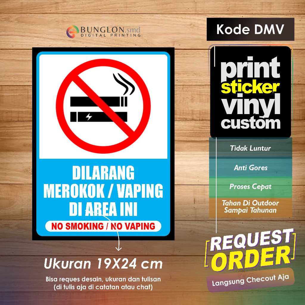 

STIKER DILARANG MEROKOK ATAU VAPING DI AREA INI + LAMINASI KODE DMV BIRU