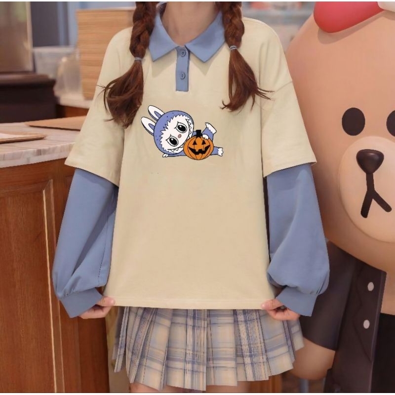 Jaketin Aja - Sweater Kerah Polo Collar Big Size ( S - 6XL ) LENGAN DOUBLE LAYER LABUBU Mix Two Tone