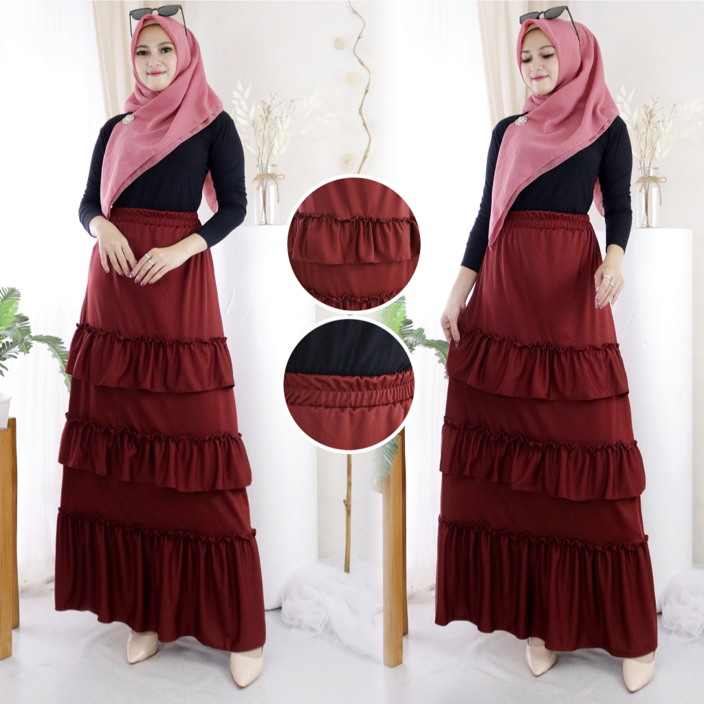 Rok panjang Susun ruffle/rempel Kerutan  Rok muslim polos Bawahan Cewek Hyget Panjang 95 All Size Te