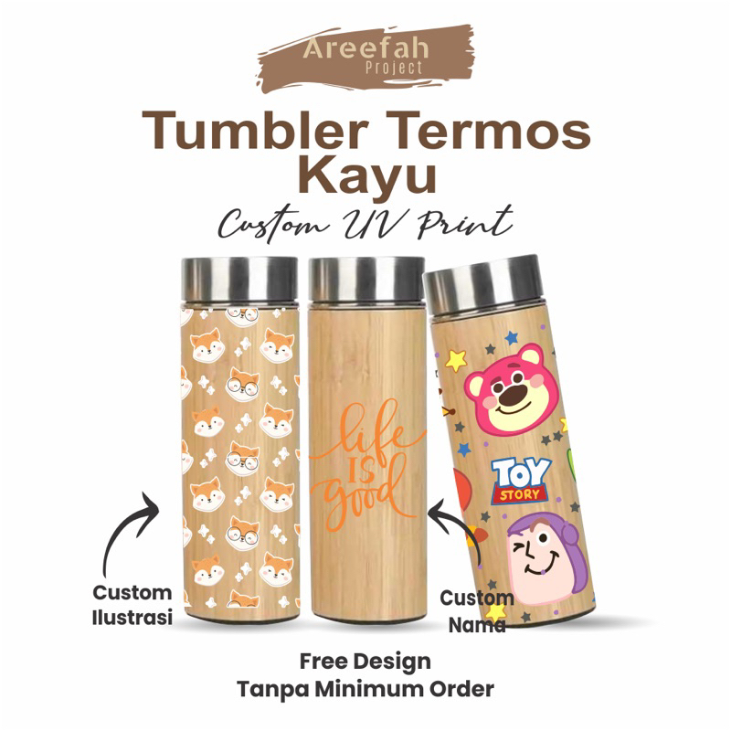 Tumbler Custom 500ml TUMBLER TERMOS KAYU UV print Custom Nama/Logo/Foto