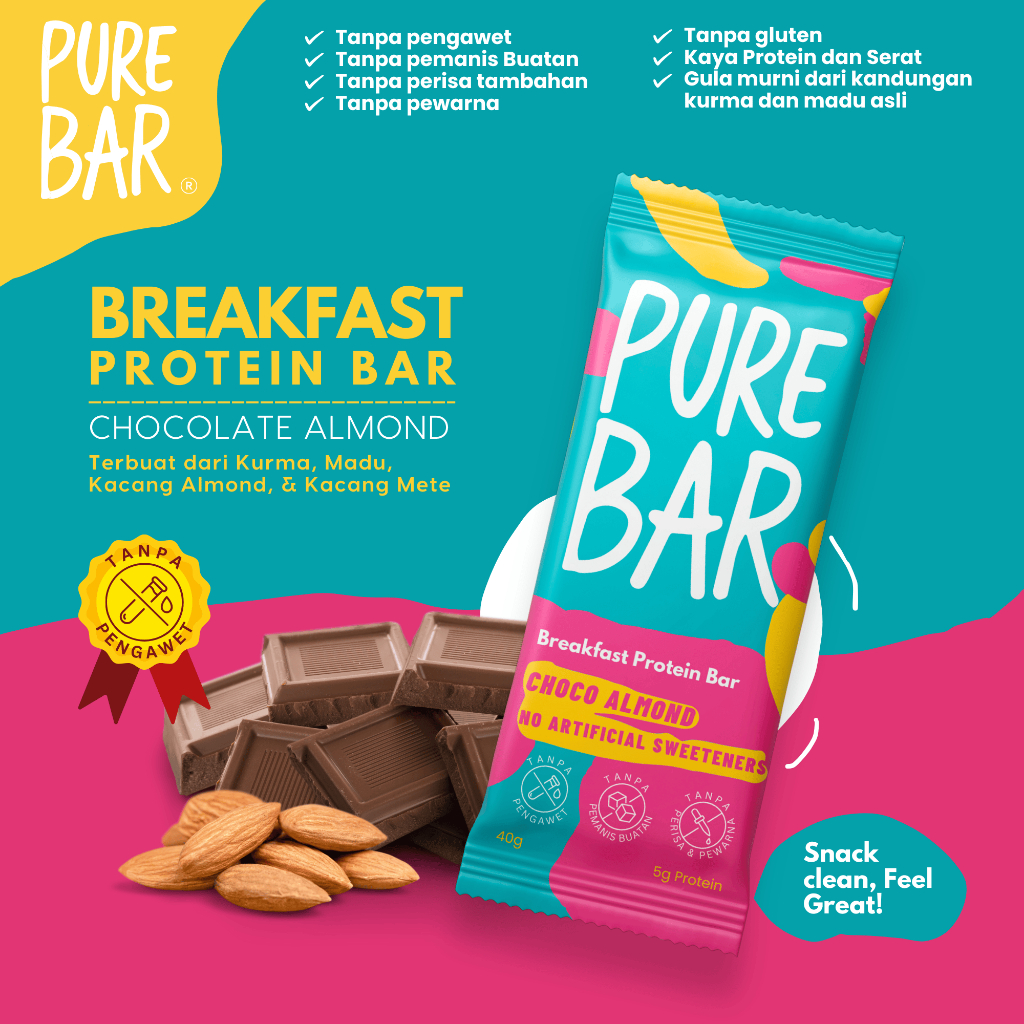 

HUXLEY Healthy PureBar Breakfast Protein Bar - Choco Almond Breakfast Protein Bar Sarapan Rasa Coklat Kacang Almond Mete Kurma Coklat Cemilan Sehat Gandum Halal Granola Tanpa Kolesterol-Gluten-Pengawet-Perisa-Pewarna-Sirup