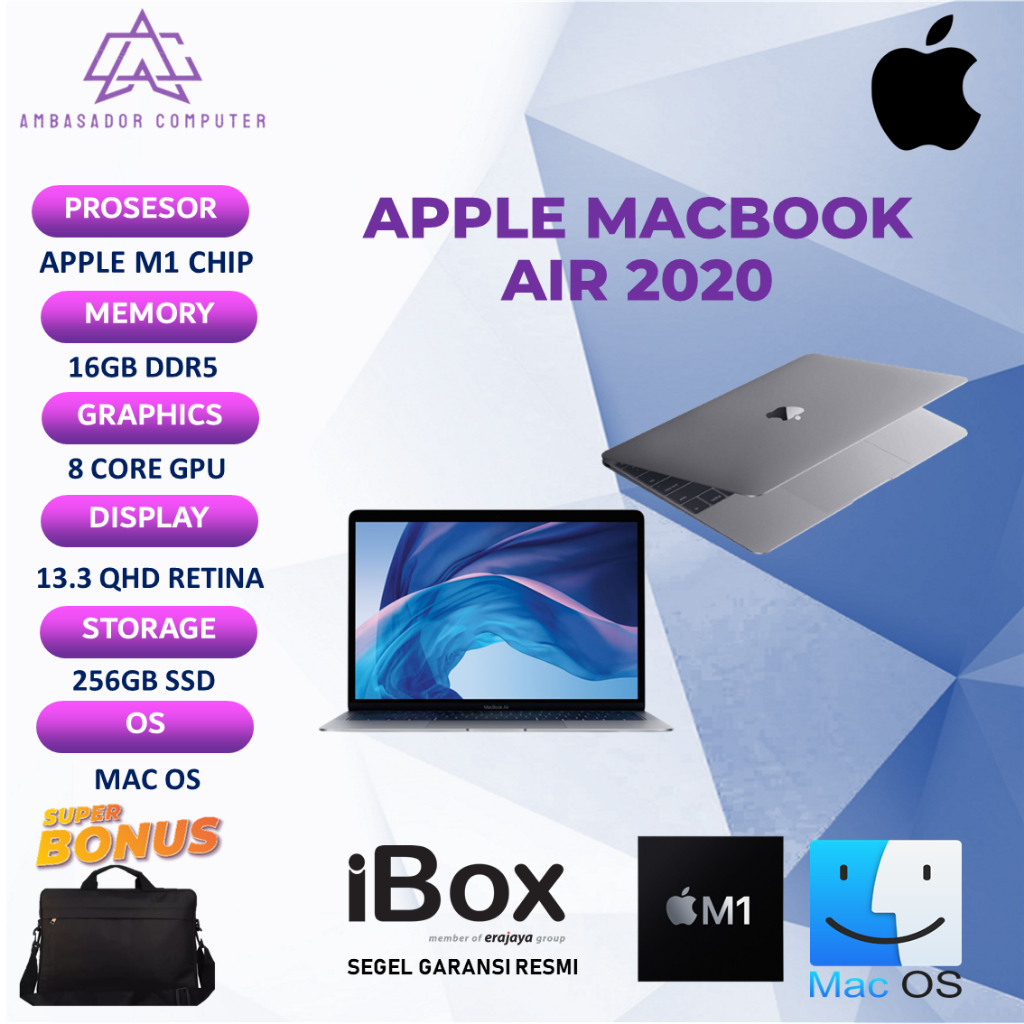 Apple macbook air 13 M1 Chip 2020 13,3 Inc M1 8GB 256GB Resmi Ibox Space Grey