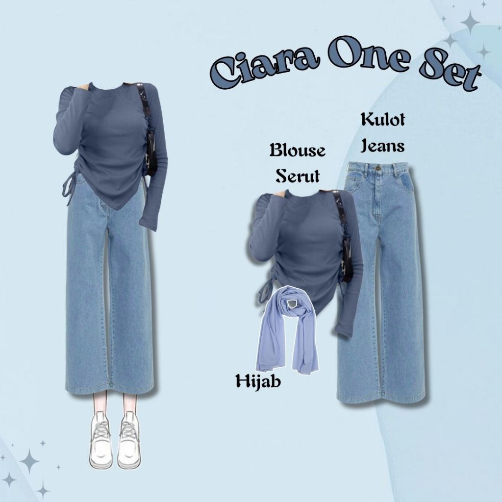 One Set Korean Casual ( Blouse Serut + Kulot Jeans + Hijab ) Ciara OOTD Style Kekinian