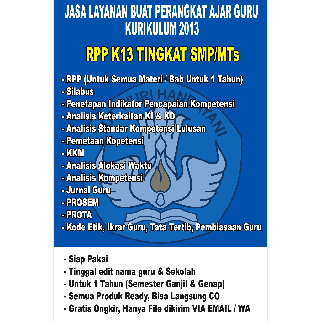 Jasa Layanan RPP K13 Kurikulum 2013 Tingkat SMP/MTs Kelas 7,8,9 Semua Mapel