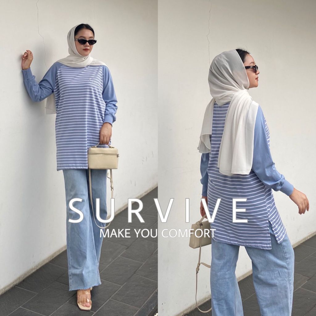 Kaos Atasan Wanita Kekinian Survive Tunic Lengan Panjang Bahan Katun Nyaman LD 120