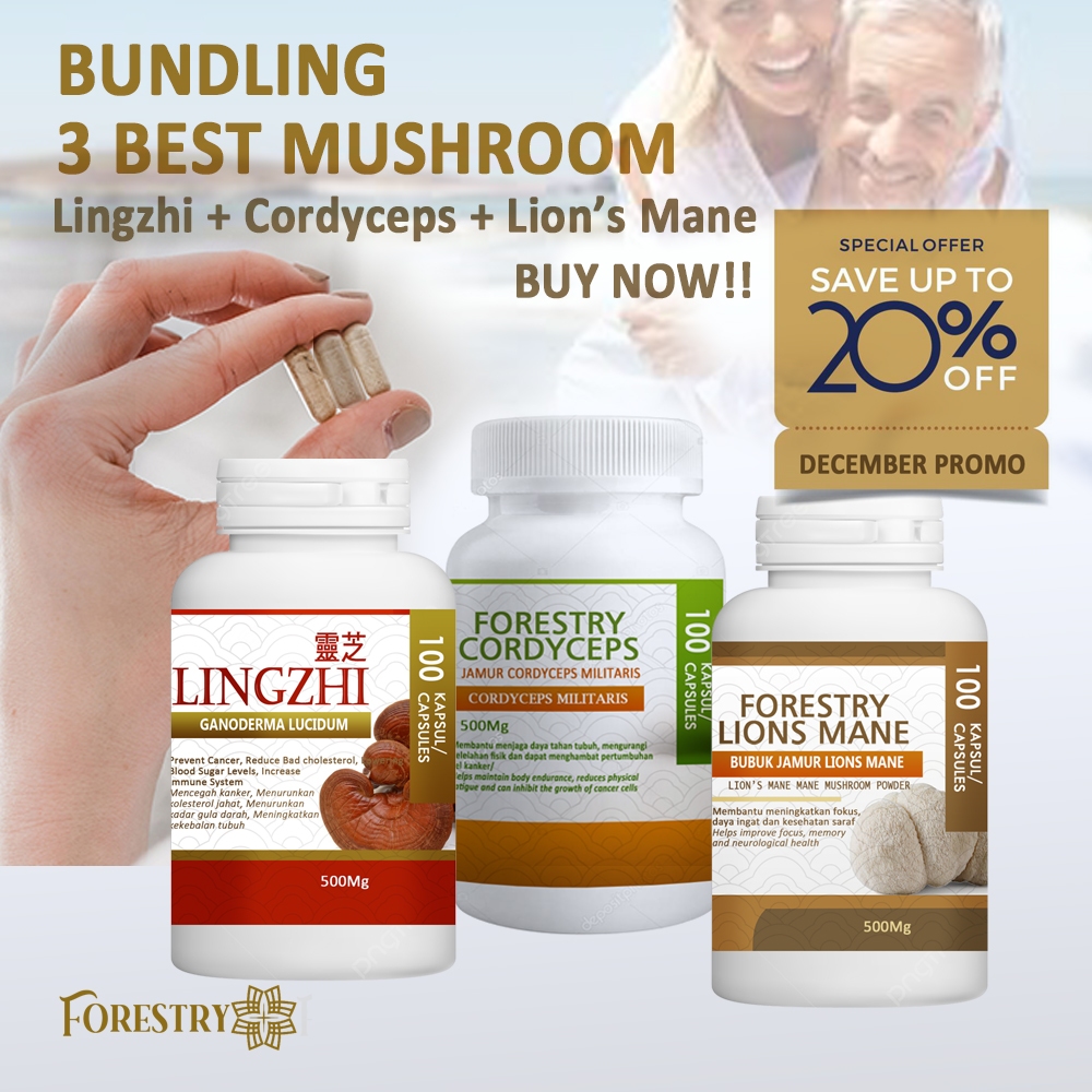 Jamur Lingzhi Cordyceps Lions Mane 100 Kapsul Paket Bundling 3 Botol