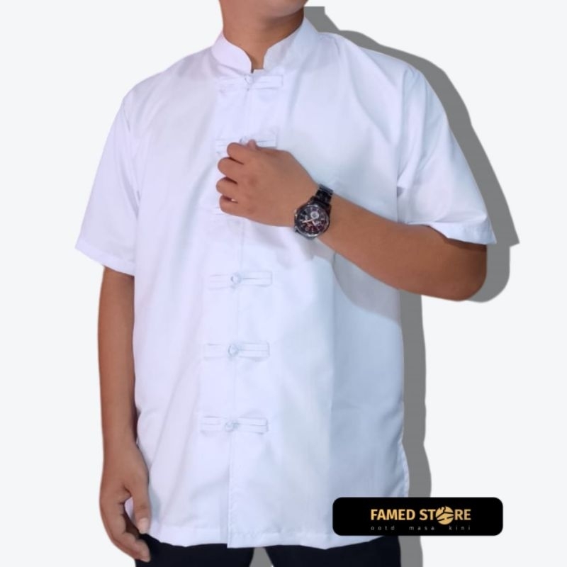 kemeja cheongsam pria lengan lengan pendek warna putih