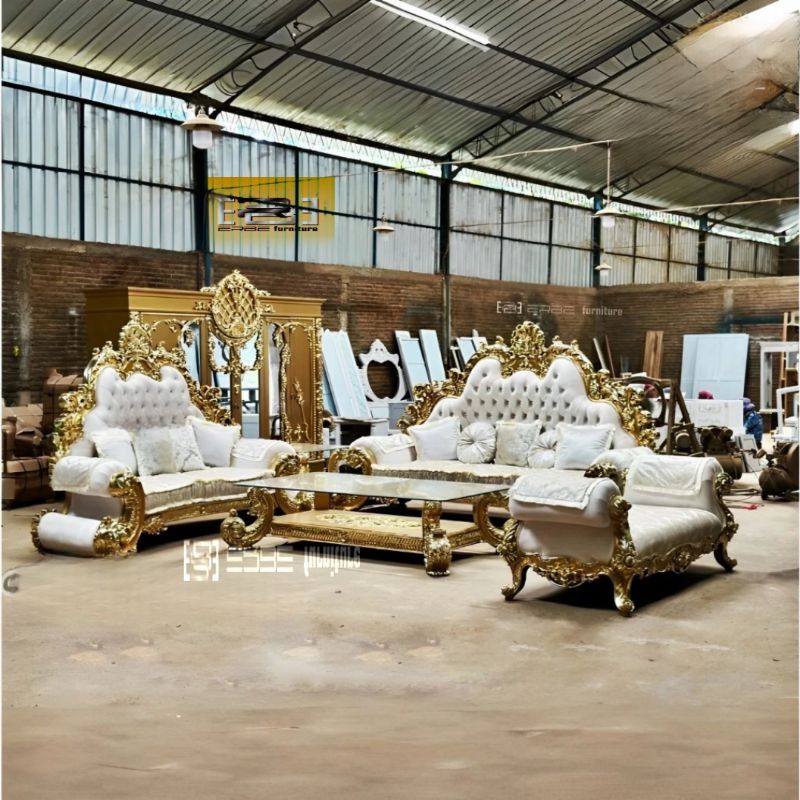 kursi tamu sofa set Jackson bahan kayu jati/mahony cat Duco emas Prada 321+meja