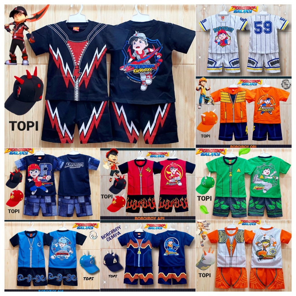 KOSTUM SETELAN BAJU ANAK BOBOIBOY FREE TOPI / BAJU BOBOIBOY API AIR GALAXY SOLAR DAPAT TOPI FBAdw