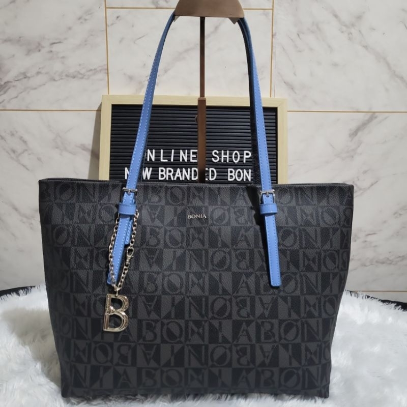 tas bonia original tote bag monogram hitam tali biru M