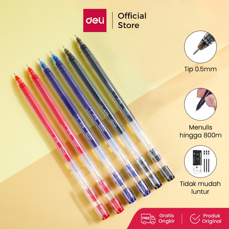 

Deli Gel Pen Pulpen Gel kantor kuliah sekolah Warna Hitam Biru Merah 0.5mm warna cerah terang penulisan tulisan halus kapasitas tinta besar LARGE INK CAPACITY, nyaman di genggam anti bocor tidak macet dan tidak luntur A116