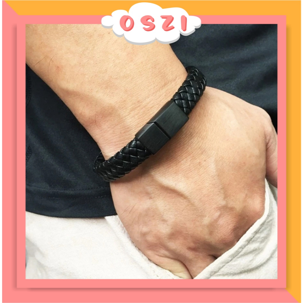 OSZI Hitam Gelang Perhiasan Pria Gelang Kulit Kepang Buatan Tangan, Gelang Hadiah Gesper Magnetik Be
