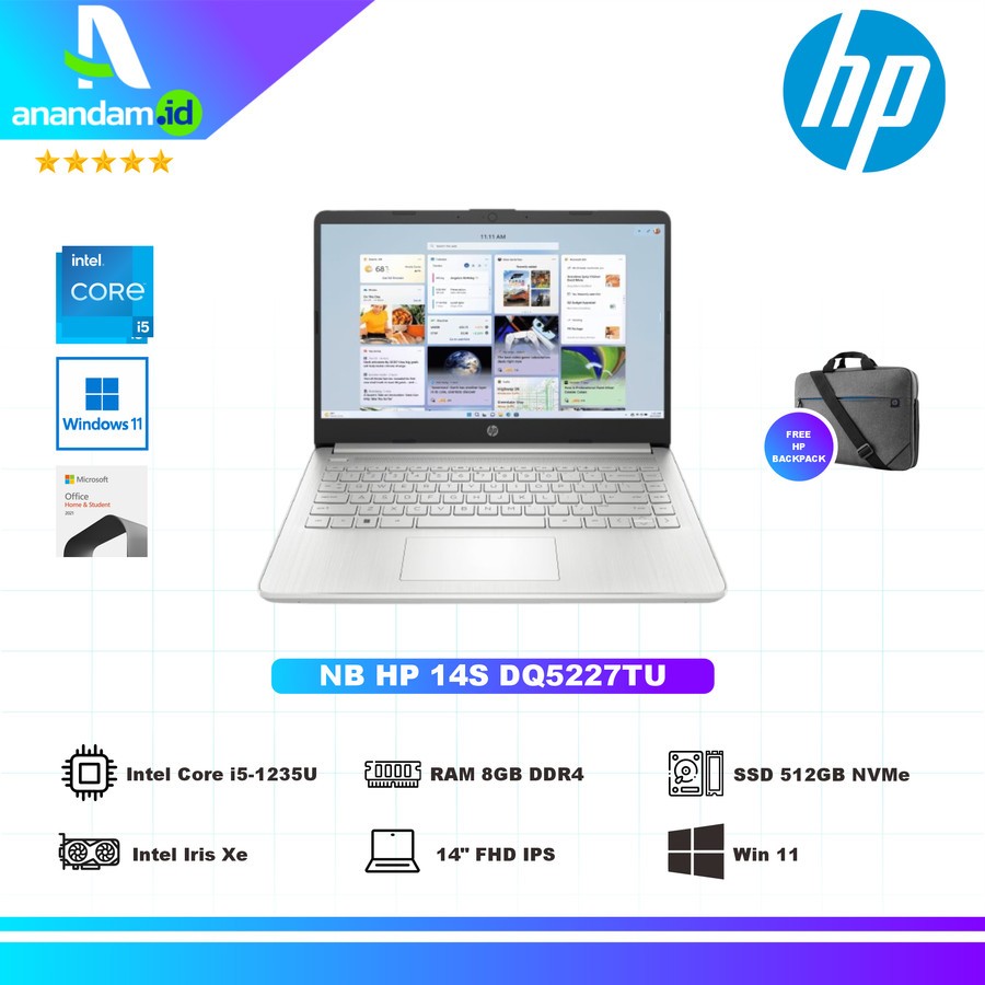 Laptop HP 14S-DQ5227TU SILVER Intel Core i5-1235U/8GB (2x4GB)/512GB SSD/Intel IRIS Xe/W11Home/OHS