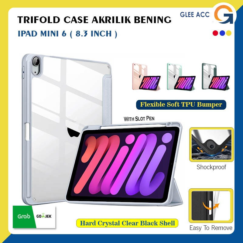 IPAD Mini 6 8.3 Inch Trifold Case Akrilik Bening Transparan Pelindung Tablet Guard Pen Holder Bookco