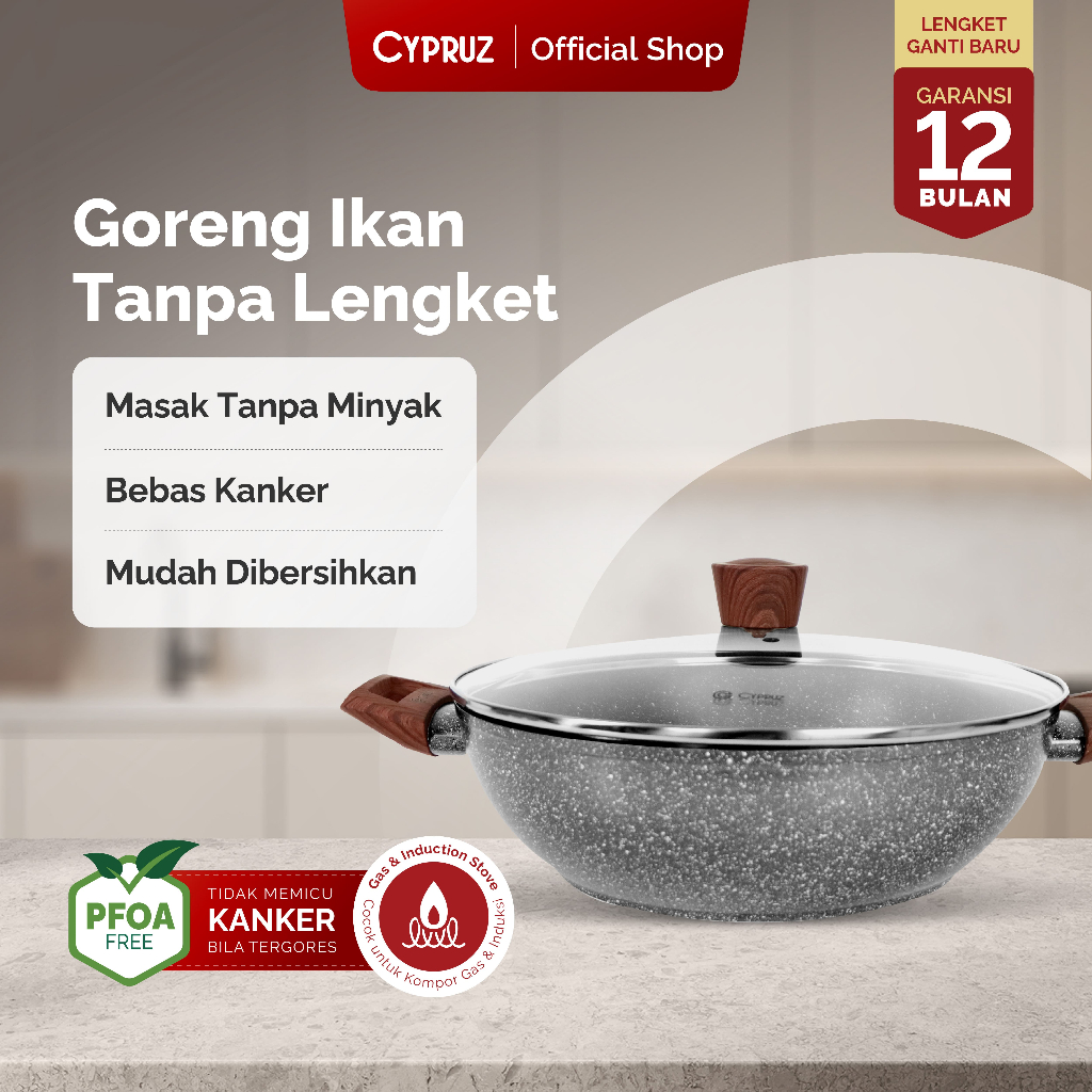 Cypruz Wajan Kuali Anti Lengket Grey Marble Wok Pan Dengan Tutup 28cm