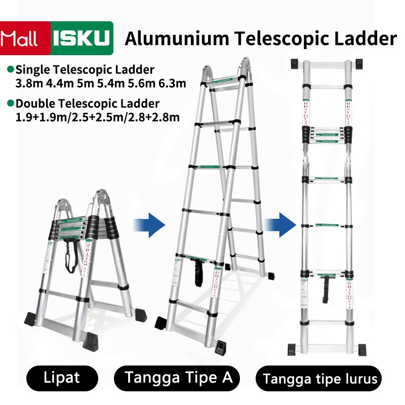 ISKU Alumunium Telescopic Ladder 3.8m 4.4m 5m 5.4m 6.3m tangga lipat Multi