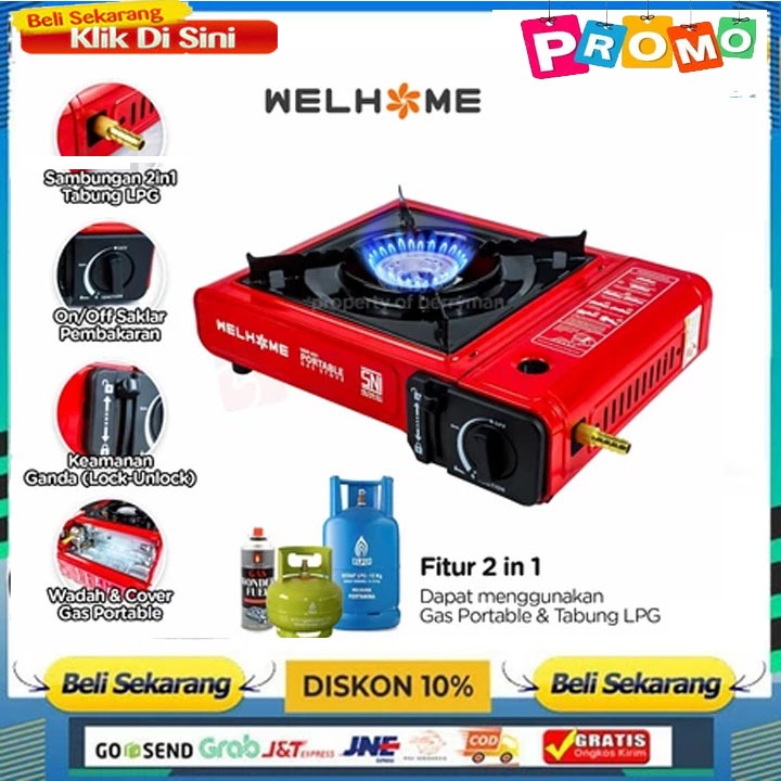 TERBARU Kompor Gas Portable 2in1( Bisa Gas Kaleng & Gas Tabung 3 Kg ) Welhome / MyvoKompor Portable 