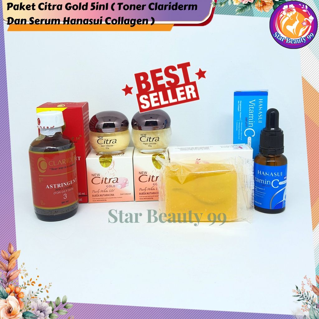 [ TERLARIS  ] Paket Citra Gold 5in1 Cream Siang Malam , Toner Clariderm, Serum Hanasui Vit C Collage