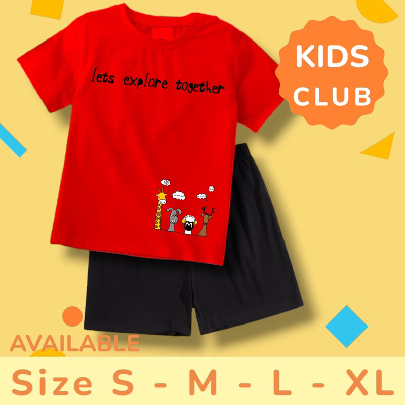COD BAJU KAOS CELANA KIDS CLUB 1 SETELAN ANAK COWOK CEWEK TULISAN " LETS EXPLORE TOGETHER " BALL 1 -