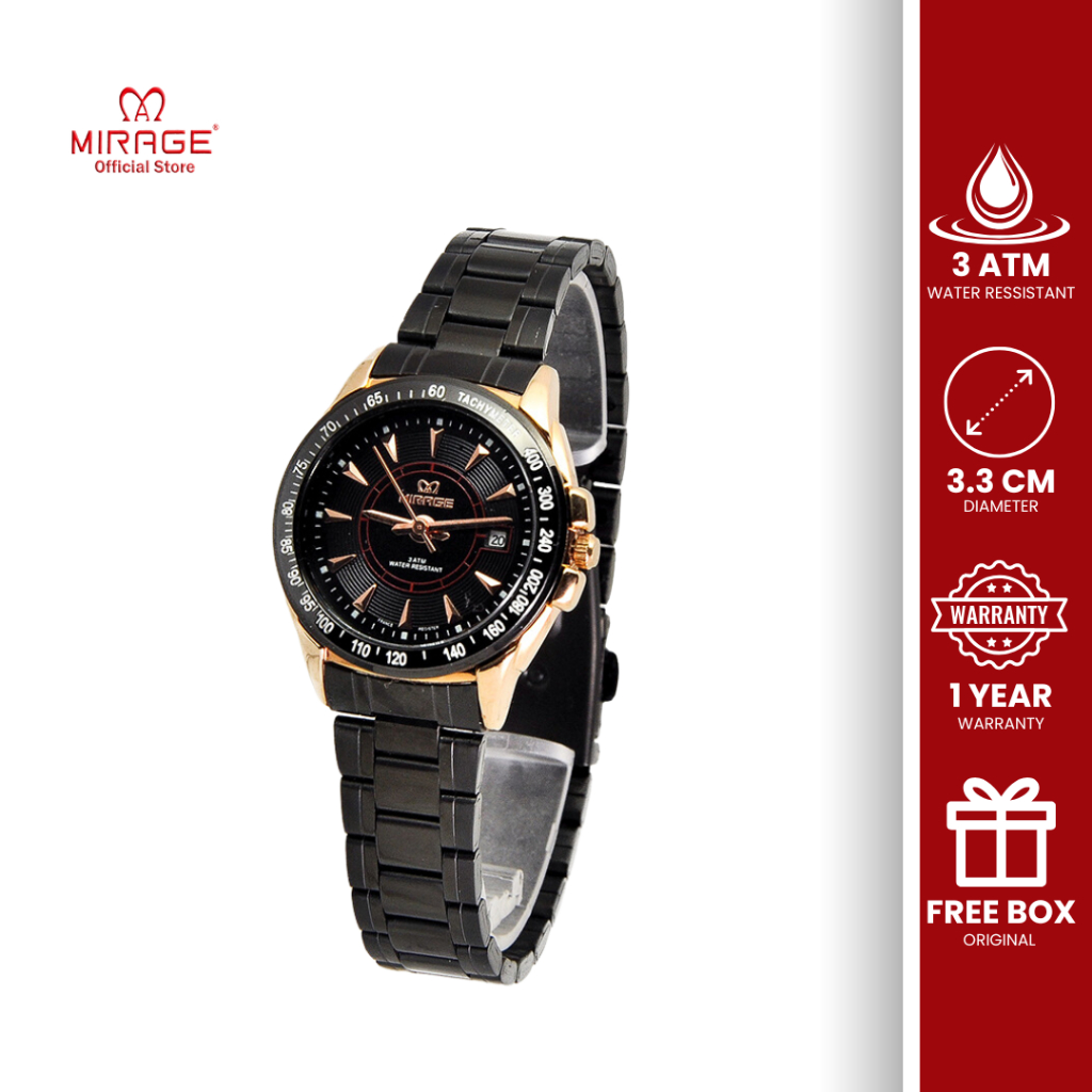 Mirage Jam Tangan Wanita Analog Sporty Formal 7614 L Stainless Steel Hitam Rosegold Garansi 1 Tahun